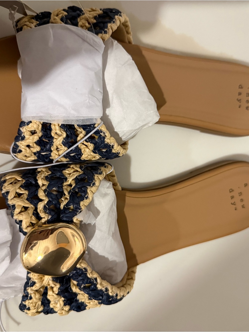 a new day Navy & Natural Woven Slide Sandals with Gold Accent